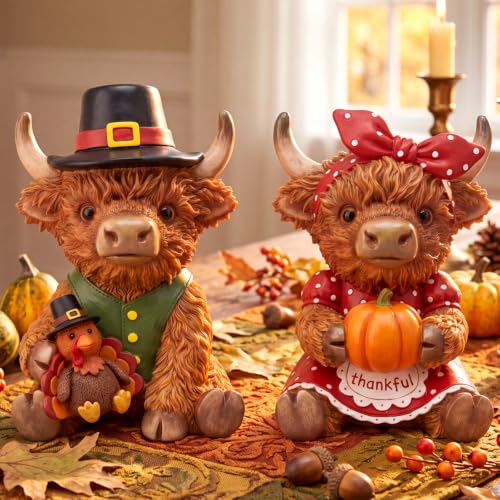 2 Pcs Fall Thanksgiving Highland Cow Resin Turkey Cow Figurines (5 Inch / Turkey Pumpkin Highland Cow)