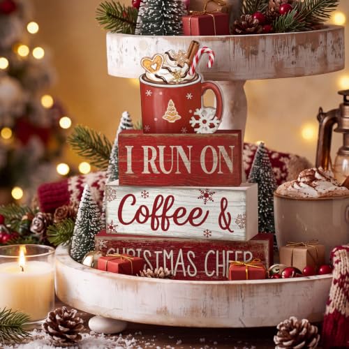 4 Pcs Christmas Coffee Table Decor Hot Chocolate Cocoa Wooden Stacked Sign Rustic Christmas Tiered Tray Decor Cocoa Centerpiece Block Signs Gift Xmas Decoration for Home Coffee Bar Kitchen (I Run on Coffee & Christmas Cheer)