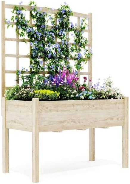 Wooden Raised Garden Bed with Trellis, 46.46x23.23x65.35IN Elevated Planter Box with Legs for Climbing Plants, Vegetables & Flowers