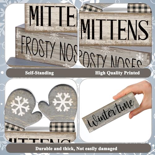 4 Pcs Winter Table Decorations Wooden Mittens Decor Winter Tiered Tray Decor Rustic Snowflake Mittens Block Signs Gift Farmhouse Christmas Centerpiece for Wonderland Party Kitchen Home (Snowflake Gloves)