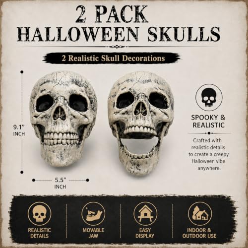 2 PC Realistic Skeleton Skull Halloween Decorations for Outdoor Indoor Yard Decor Graveyard Life Size (2 Skeleton Skull)