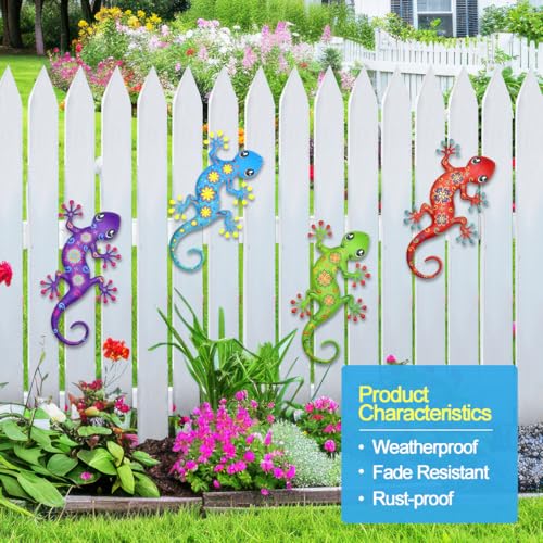 4 Pcs Metal Gecko Outdoor Wall Art Hanging Sculpture Decorations (Colorful-a)