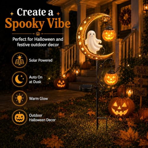 Solar Halloween Ghost & Pumpkin Moon Garden Stake Light (Ghost)