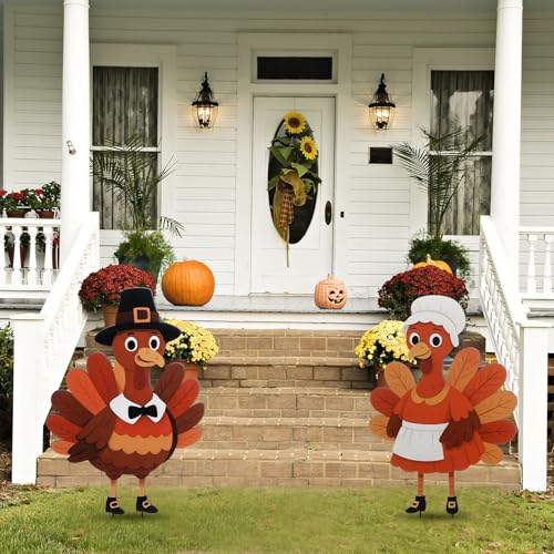 2 Pack Fall Thanksgiving Metal Yard Sign Stake (Pilgrim Turkey)