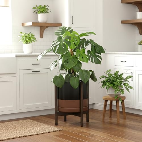 Ceramic Pot with Walnut Wood Stand (12 Inch / Black/Speckled Tan Pot + Walnut Color Stand)