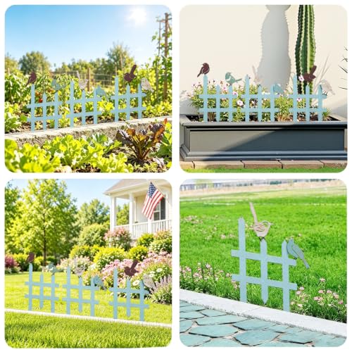3 Pcs Small Garden Fence with 6 Piece Bird Decoration (Blue)