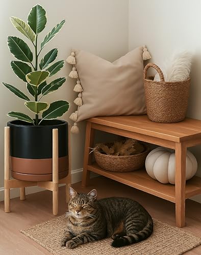 Ceramic Pot with Natural Wood Stand (12 Inch / Black/Speckled Tan Pot + Natural Stand)