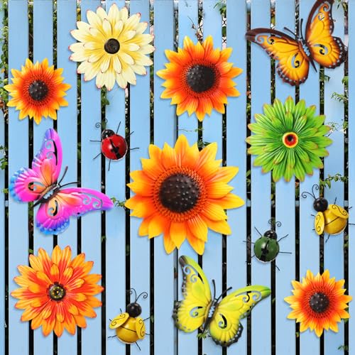 14 Pcs Metal Flower Decor 3D Sunflower Daisy Multicolored Garden Art Outdoor Decorations Butterfly Bee Ladybug Wall Art for Yard Fence Home