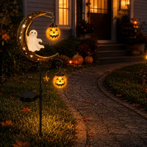 Solar Halloween Ghost & Pumpkin Moon Garden Stake Light (Ghost)