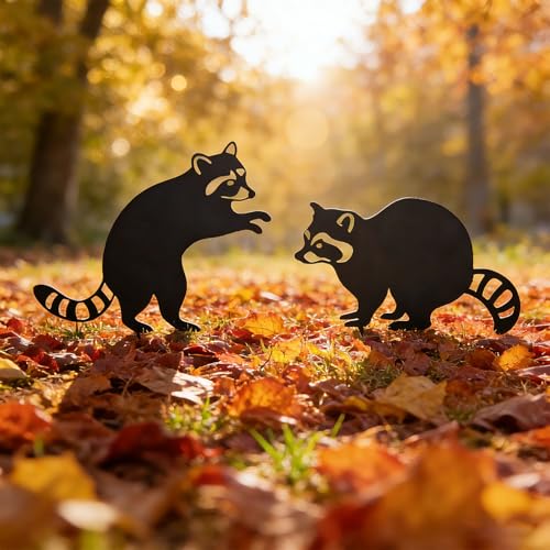 2 Pack Raccoon Metal Garden Stakes for Outdoor Decor (Two Raccoons)