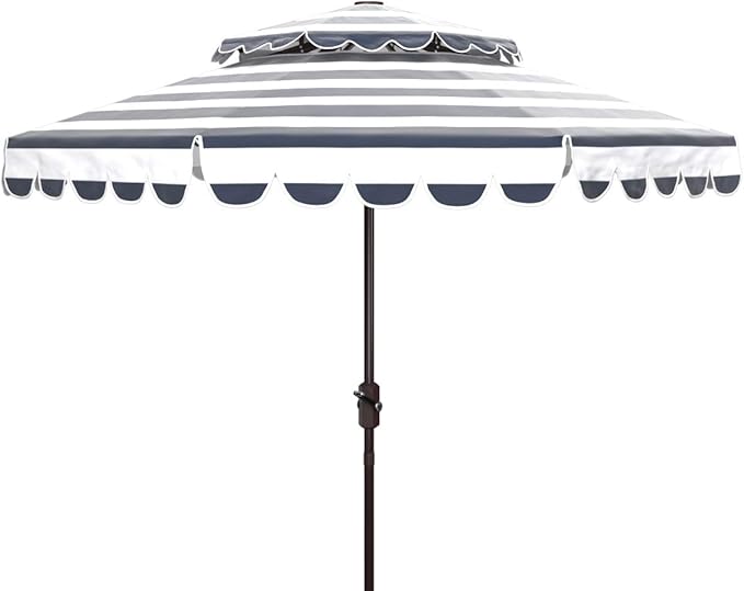 SAFAVIEH 9ft Outdoor Patio Umbrella, Double Top, Vienna Collection, Navy & White Stripe, Scallop edge, Crank, Button Tilt, UV Resistant for Deck, Backyard, Poolside (PAT8211C)