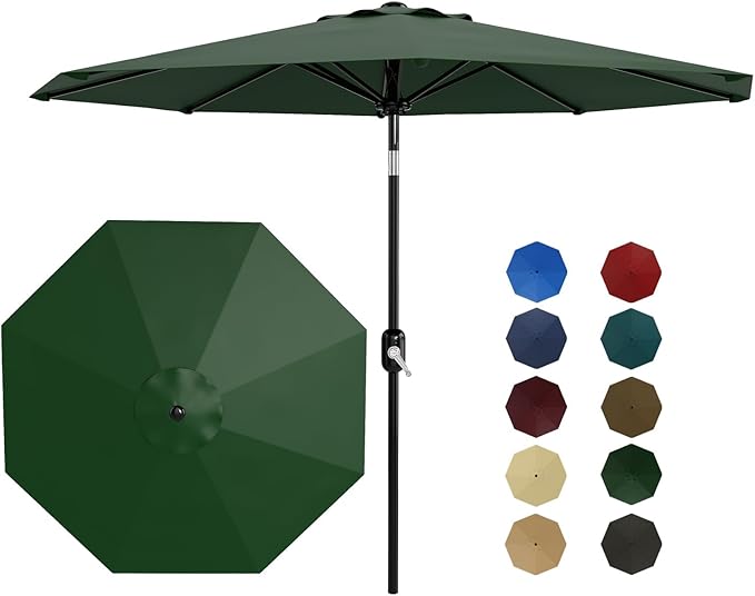 9 ft Patio Umbrella - 8 Sturdy Ribs Outdoor Table Umbrella with Crank Lift & Push Button Tilt - Market Umbrella for Pool, Deck, Yard, Garden - Dark Green
