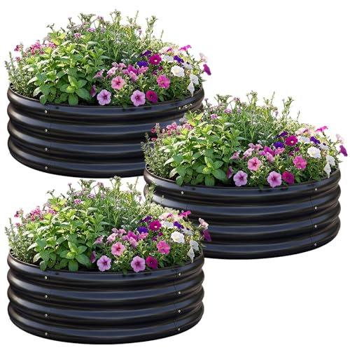 3 Pack 2x2x1 ft Round Galvanized Raised Garden Bed Kit Round Metal Flower Box Large Planter Raised Beds Outdoor Garden for Planting (Black / 2x2x1ft(3pack))