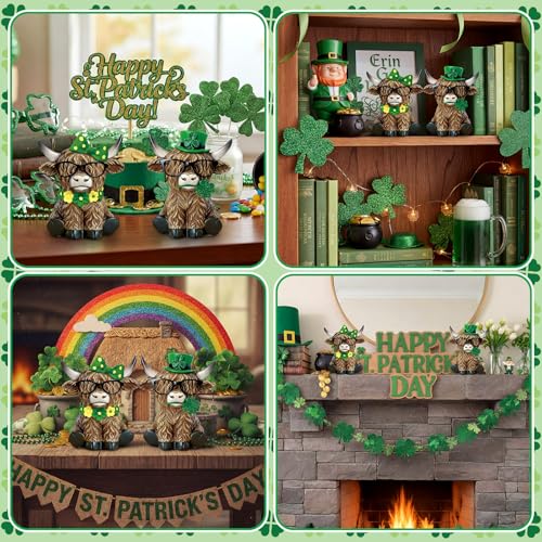 2 Pack St Patrick's Day Highland Cow Figurines Irish Shamrocks Gnomes Resin Leprechaun Green Highland Cow Statue Scottish Calf Lovers Gifts Table Decor for Home Office Garden Kitchen (4 Inch / Irish Highland Cow)