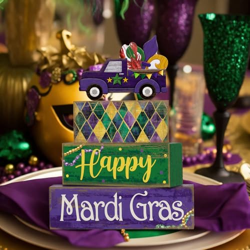 4 Pcs Mardi Gras Tiered Tray Decor Wooden Blocks (Truck)