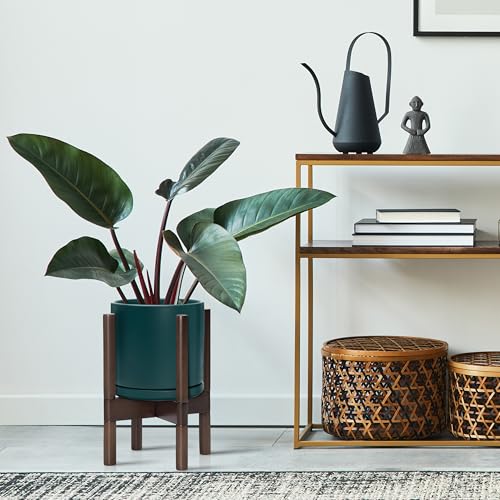 Ceramic Pot with Walnut Wood Stand (8 Inch / Teal Pot + Walnut Color Stand)