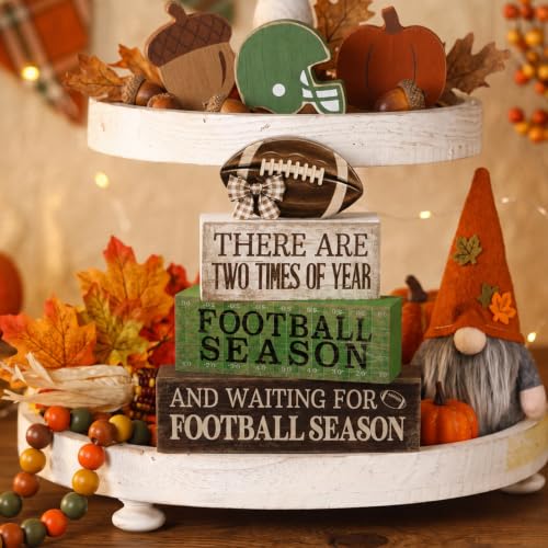 4 Pcs Football Tiered Tray Decor Wood Blocks Stackable Table (Football Season)