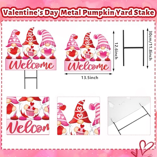 Valentine's Day Metal Garden Stakes Red Pink Heart Gnome Yard Stake Decorative Welcome Lawn Sign for Wedding Anniversary Home Outside Lawn Porch Decor (Valentine's Day)