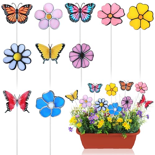 10 Pcs Metal Flower Garden Stake for Outside Outdoor 11.8" 5D Summer Flowers Butterfly Metal Sign Waterproof Decoration Landscape Ornament for Lawn Yard Garden Patio Porch Art (Butterfly, Flower)