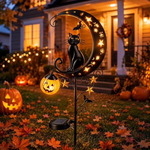 Solar Halloween Black Cat & Pumpkin Moon Garden Stake Light (B)