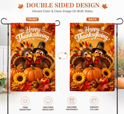 Happy Thanksgiving Turkey Garden Flag 12 x 18 inch Double Sided Outside decorations (G093)