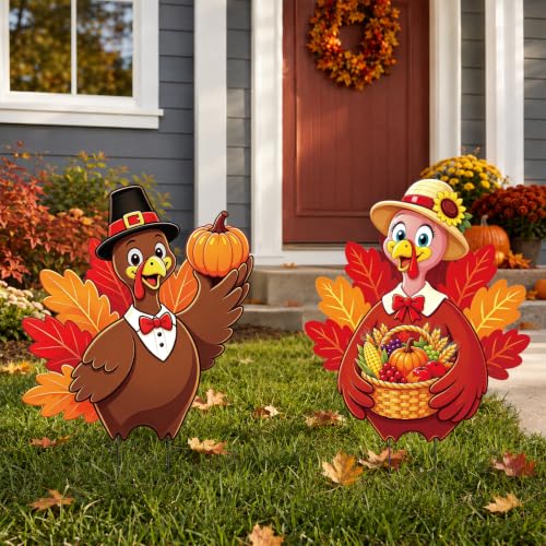 2 Pack Thansgiving Turkey Garden Stakes Metal Turkey Pumpkin Fall Yard Sign for Autumn Harvest Thanksgiving Outdoor Party Decorations (Thansgiving)