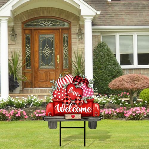 Valentine' s Day Metal Garden Stake Welcome Yard Sign Red Love Heart Truck Decorative Lawn Sign for Wedding Anniversary Home Outside Lawn Porch Walkway Decor (Valentine' s Day Truck)