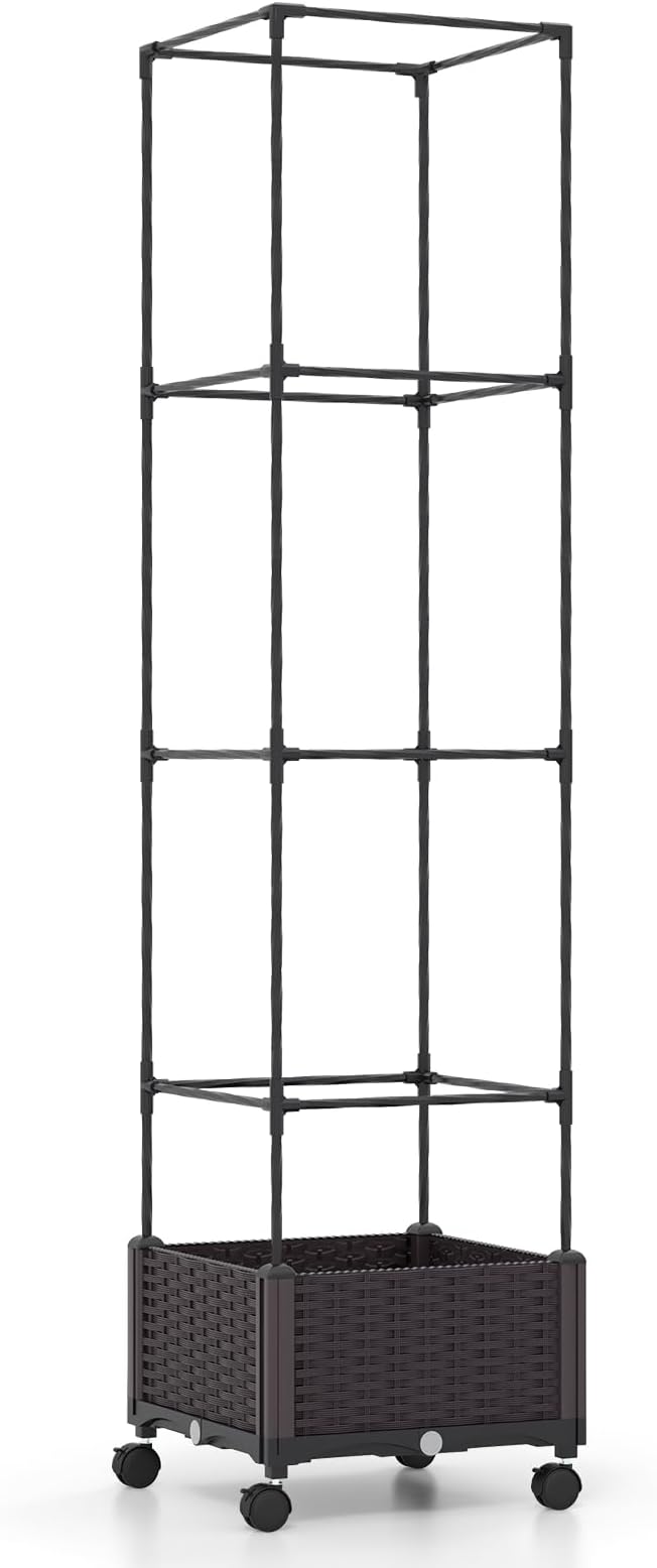 S AFSTAR Raised Garden Bed with Tomato Cage, 67" Planter Box W/Trellis & Lockable Wheels, Free Height Combination Self-Watering Plastic Garden Box Plant Container for Climbing Plants Vegetable (2)