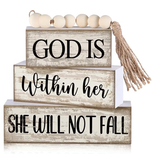 4 Pcs Wooden Blocks God Is Within Her Farmhouse Decor (God is Within Her She Will Not Fall)