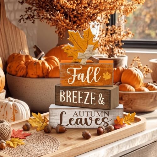 4 Pcs Wooden Fall Block Signs Farmhouse Tabletop Decor (Harvest Decoration)