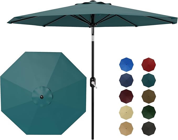 GarveeLife 9FT Patio Umbrella Outdoor, Table Umbrella with Push Button Tilt and Crank, 8 Sturdy Ribs UV Protection Waterproof for Garden, Pool, Market, Deck (Turquoise Blue)