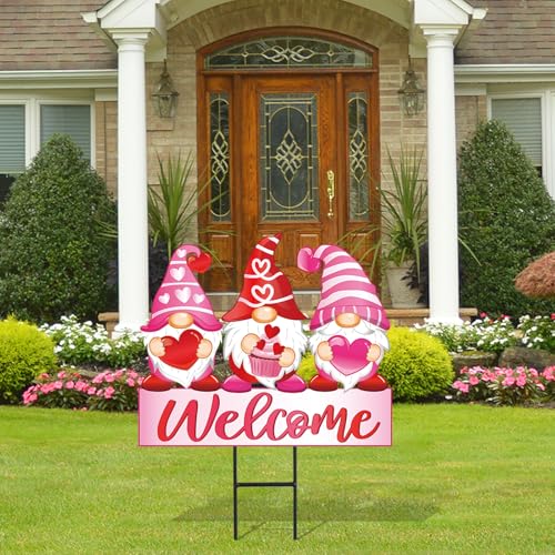 Valentine's Day Metal Garden Stakes Red Pink Heart Gnome Yard Stake Decorative Welcome Lawn Sign for Wedding Anniversary Home Outside Lawn Porch Decor (Valentine's Day)