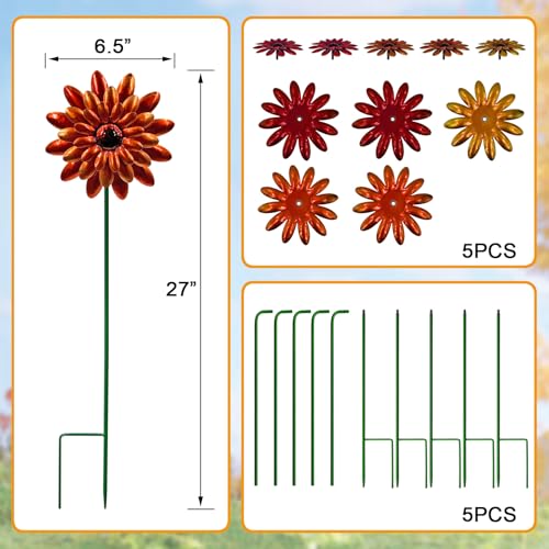 5 Pack Metal Autumn Mums Wind Spinner Garden Stake (Orange-mums)