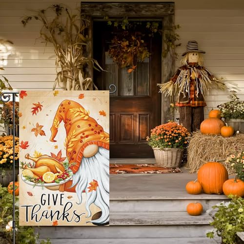 Thanksgiving Garden Flag 12x18 Inch Double Sided Give Thanks Gnome Flag Burlap Vertical Small Turkey Fall Garden Flags for Outside House Farmhouse Yard Harvest Autumn Decoration