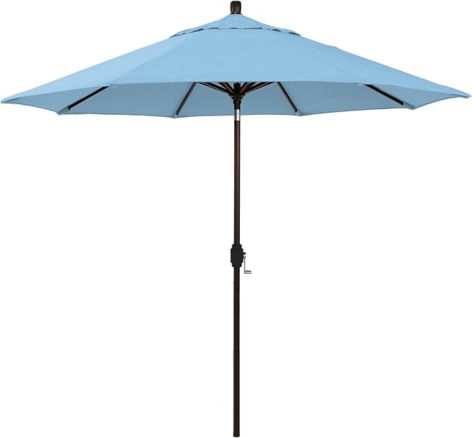 California Umbrella 12-Year-Non-Fading, 9Ft Premium Sunbrella Patio Umbrella, Hand-Crank, Button-Tilt, Bronze Frame, Air Blue Fabric