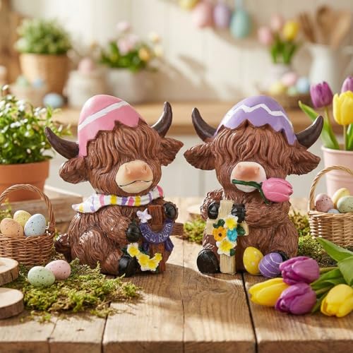 2 Pack Easter Highland Cow Figurines (4 Inch / Easter Highland Cow)
