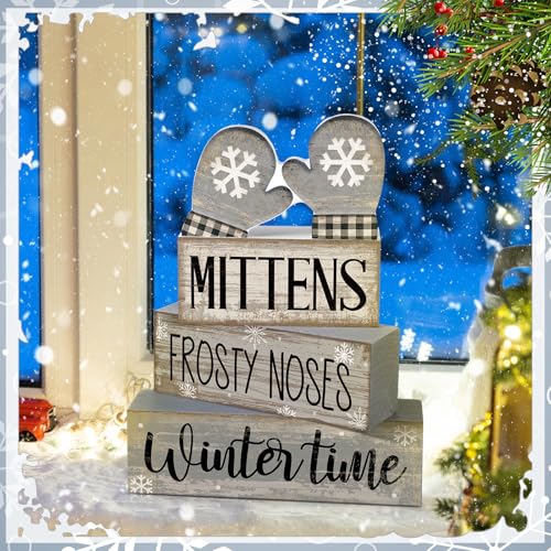 4 Pcs Winter Table Decorations Wooden Mittens Decor Winter Tiered Tray Decor Rustic Snowflake Mittens Block Signs Gift Farmhouse Christmas Centerpiece for Wonderland Party Kitchen Home (Snowflake Gloves)
