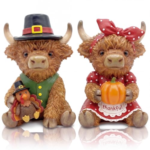 2 Pcs Fall Thanksgiving Highland Cow Resin Turkey Cow Figurines (5 Inch / Turkey Pumpkin Highland Cow)