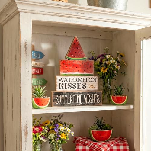 4 Pcs Summer Table Decor Wooden Watermelon Tiered Tray Decor (Watermelon)