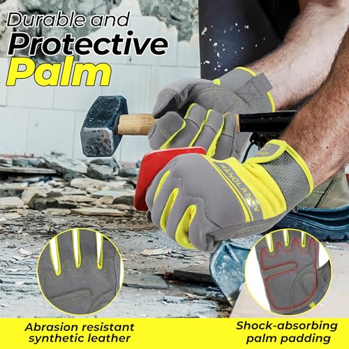 Work Gloves for Men & Women (Yellow Grey (1 Pair) / Large)