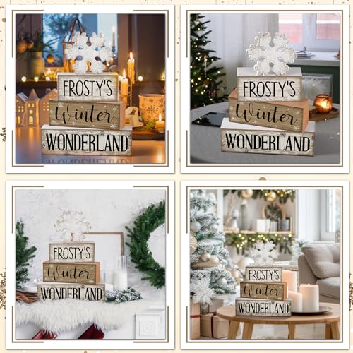 4 Pcs Winter Table Decorations Wooden Snowflake Decor Winter Tiered Tray Decor Rustic Snow Block Signs Gift Farmhouse Snowflake Table Centerpiece for Wonderland Party Kitchen Home (Snowflake)