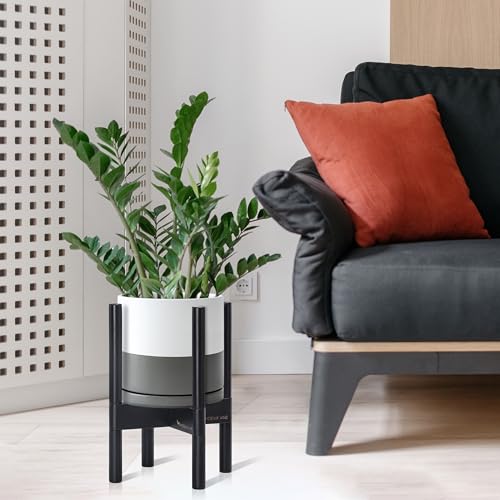 Ceramic Pot with Ebony Wood Stand (8 Inch / White/Grey Pot + Ebony Stand)