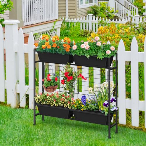 Raised Garden Bed 32" Tall Elevated Planter Boxes with Trellis & Legs (Black)