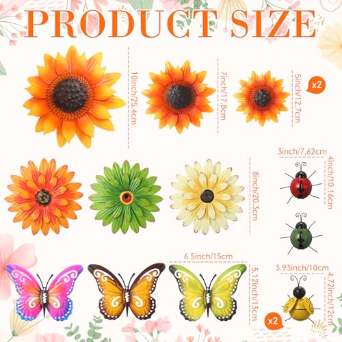14 Pcs Metal Flower Decor 3D Sunflower Daisy Multicolored Garden Art Outdoor Decorations Butterfly Bee Ladybug Wall Art for Yard Fence Home