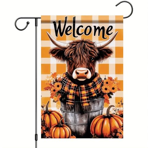 Thanksgiving Garden Flag 12x18 Inch Cow in Bucket with Pumpkins and Sunflowers and Welcome Message Outdoor Yard Porch Lawn Decoration for Fall Seasonal Holiday Decor (Cow in Bucket with Pumpkins)