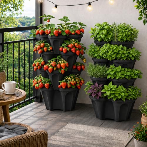 Vertical Garden Planter 4 Tier Stackable System 16 Plants (Midnight Black / Small)