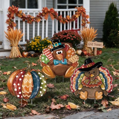 Smile Thanksgiving Yard Signs with Stakes (3P-Turkey Pumpkin)