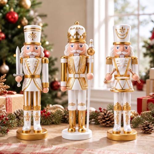 3 Pcs Gold White Nutcracker Christmas Resin Figures Table Decor (5 Inch / Gold White Christmas Nutcracker)