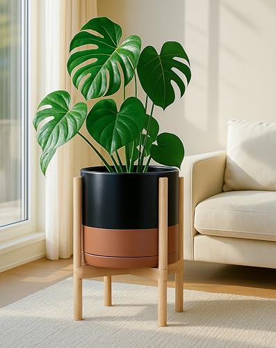 Ceramic Pot with Natural Wood Stand (12 Inch / Black/Speckled Tan Pot + Natural Stand)