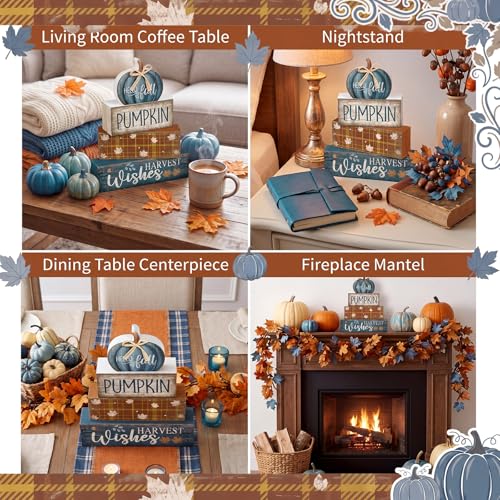 4 Pcs Blue Pumpkin Wooden Block Signs Fall Farmhouse Decor (Blue Pumpkin)